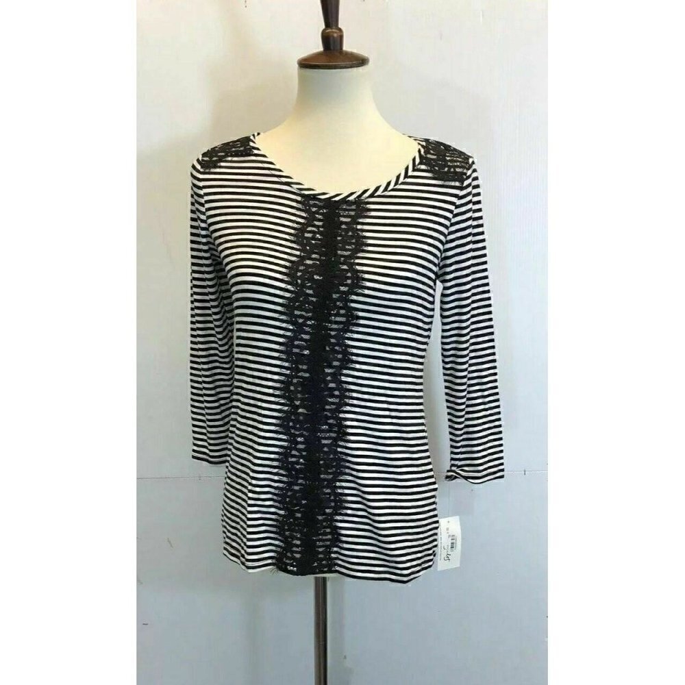 Maison Jules Women's Black Striped Lace-trim Top S - Picture 9 of 9